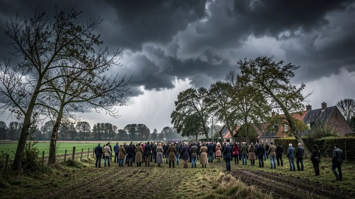Generieke afbeelding van stormachtig weer met hevige rukwinden en donkere wolken boven een Vlaams landschap met bomen die buigen.