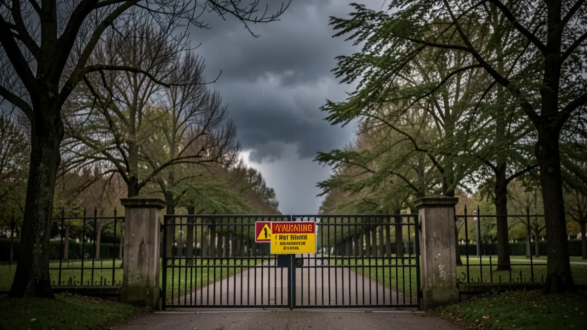 Generic image of a closed park gate with a warning sign, surrounded by trees with wind-blown branches under a dark, stormy sky.
