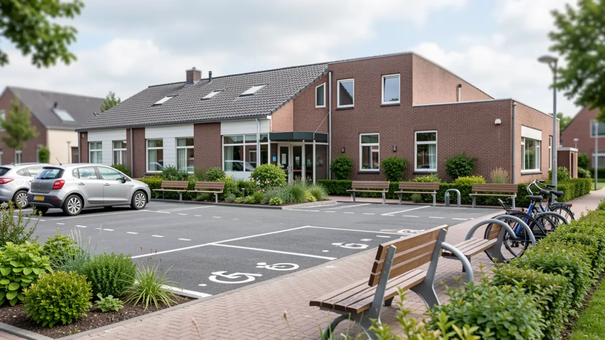 Generic image of a community center undergoing renovation with added greenery, clearly marked parking spaces, and bicycle racks.