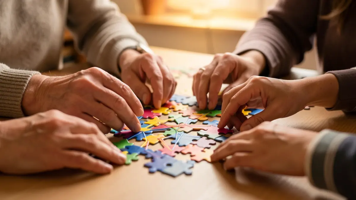 Generic image of diverse hands collaborating on a puzzle forming a network pattern.