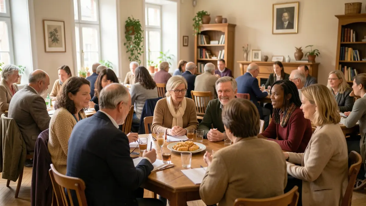 Generieke afbeelding van een groep diverse mensen die samenkomen in een gemeenschapsruimte voor een discussie, met een warme en uitnodigende sfeer.