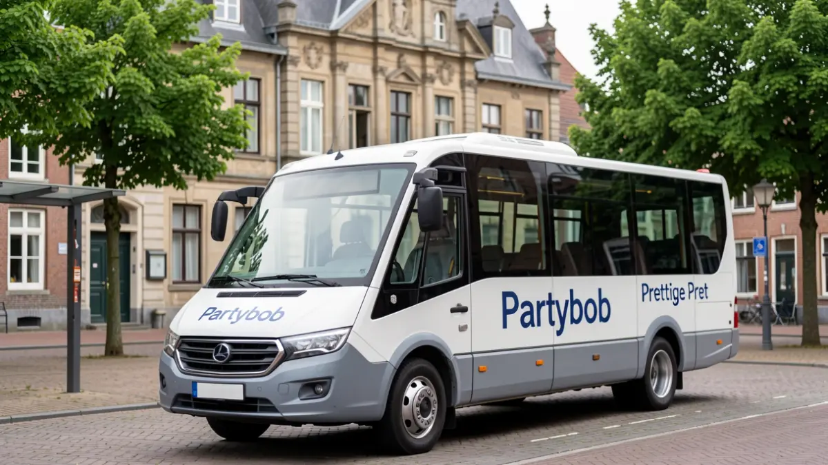 A modern, accessible minibus with the text 'Partybob' and 'Prettige Pret' at a bus stop in a Flemish village square, with a typical Belgian town hall facade in the background.