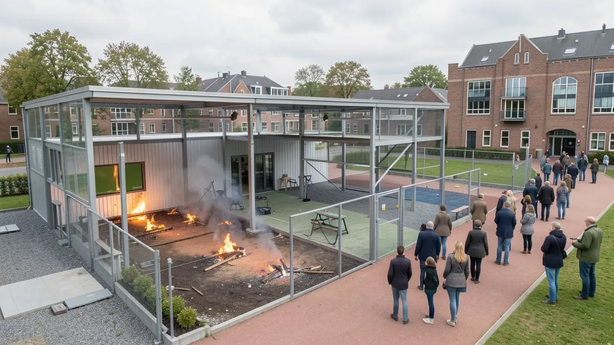 Generic image of a modern training facility with a fire simulation area and shooting range on a campus in Flanders.