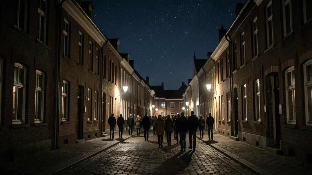 Generieke afbeelding van een donkere straat in een Vlaamse stad tijdens de Nacht van de Duisternis, met weinig lichtvervuiling en een hint naar de sterrenhemel.