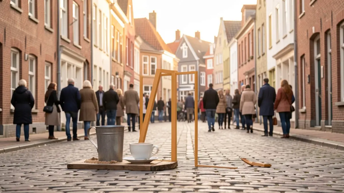 Generic image of a symbolic threshold with a coffee cup in a Flemish village setting, warm lighting.