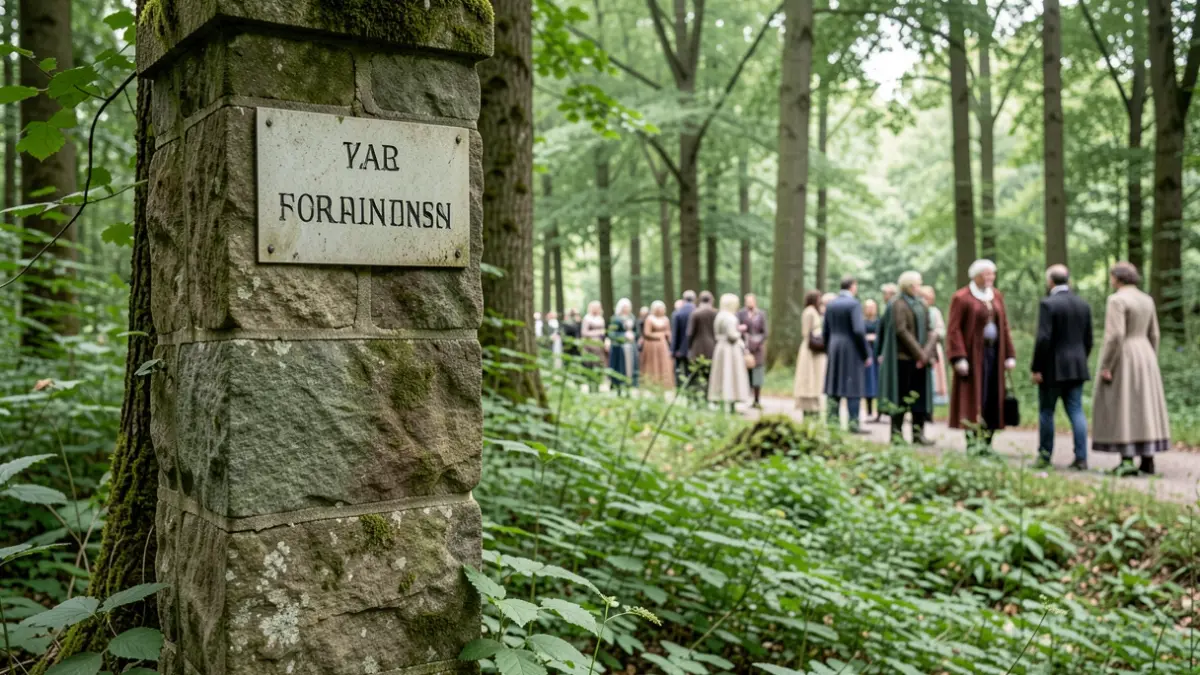 Een serene bosrijke omgeving in Vlaanderen met een uniforme naamplaat op een stenen zuil, omringd door groen.