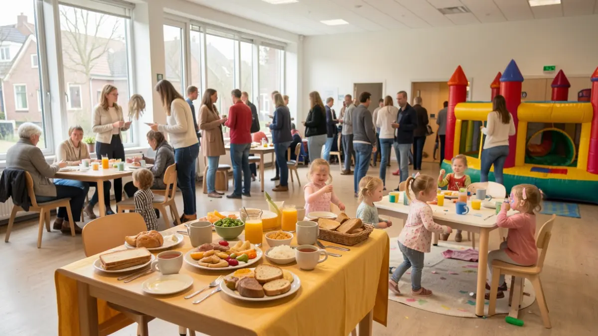Cozy baby reception at the De Stroming community center in Pelt, featuring breakfast, children's entertainment, and networking opportunities for new parents.