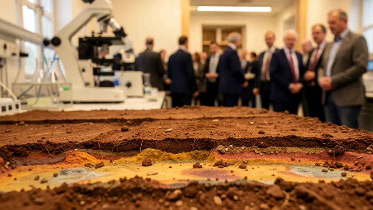 Generic image of a soil sample in a laboratory setting, with scientific instruments in the background.