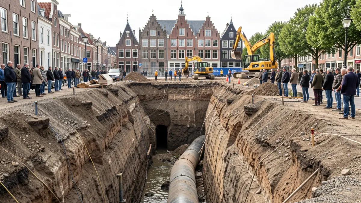 Large construction site for a new water pipeline in Flanders, with heavy machinery and workers.