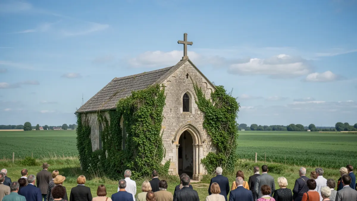 Een kleine, verweerde kapel met een stenen gevel en een eenvoudig kruis erop, tegen een achtergrond van groene velden en een blauwe hemel in Vlaanderen.