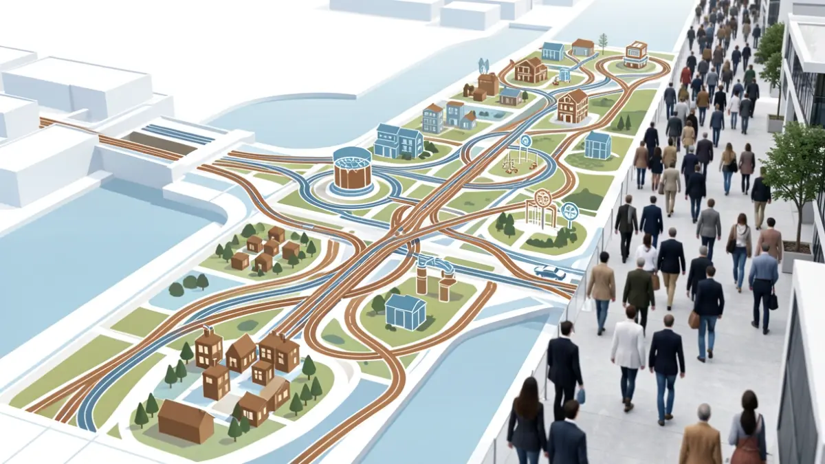 Conceptual image of an urban corridor showing roads, railways, and living environment elements.