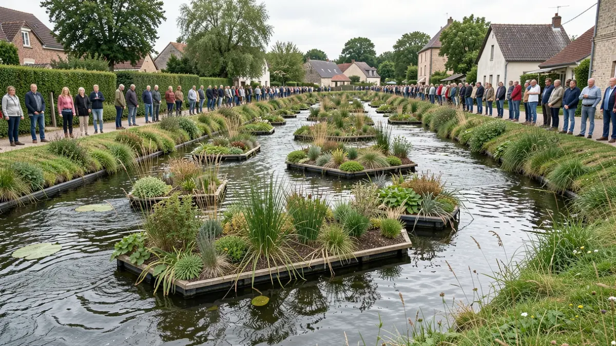Generieke afbeelding van drijvende moeraseilanden met inheemse planten in een waterloop, omgeven door filteroevers.