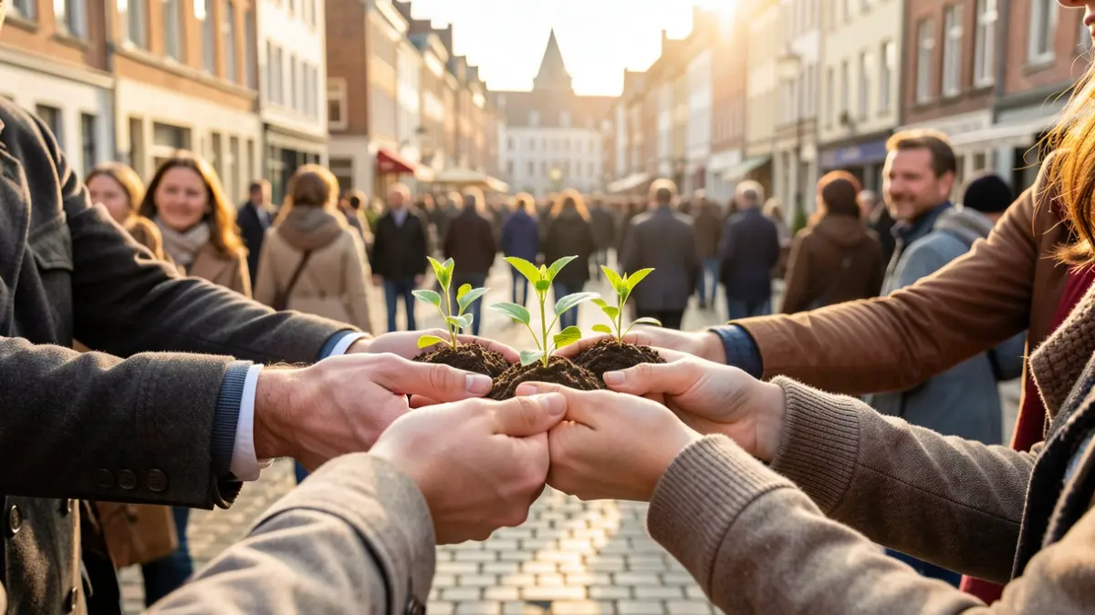 Generic image of hands of diverse people holding small green plants, with a blurred background of a town square in Flanders, warm sunlight, representing community and hope.