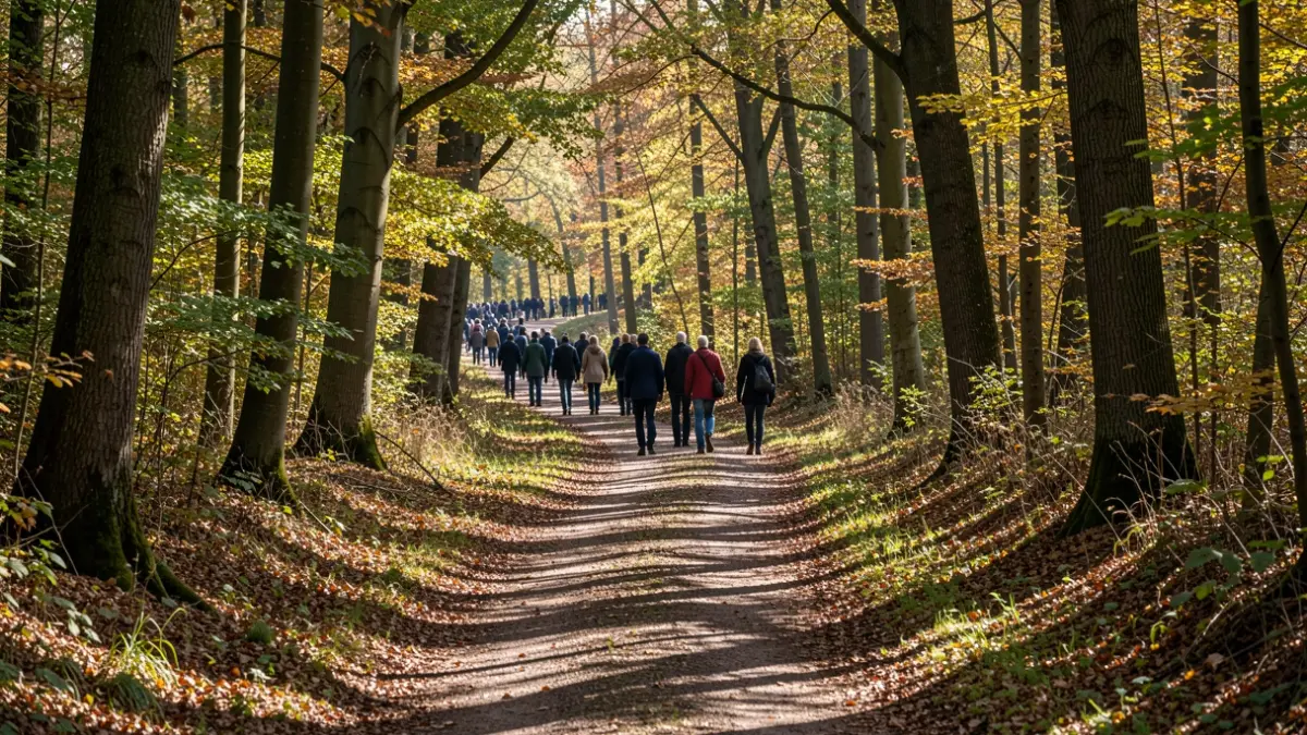 Een bosrijk pad in Vlaanderen met zonlicht dat door de bladeren valt.