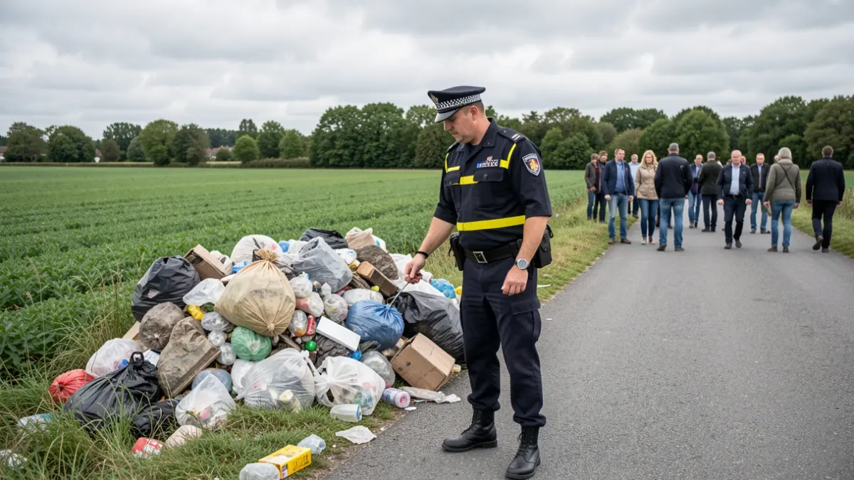 Politieagent controleert illegaal gestort afval in de berm.