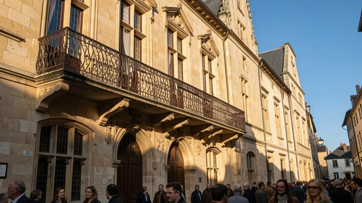 Generic image of a Flemish town hall facade with an ornate balcony and iron railings, warm afternoon sunlight casting shadows on the sandstone walls, clear blue sky.