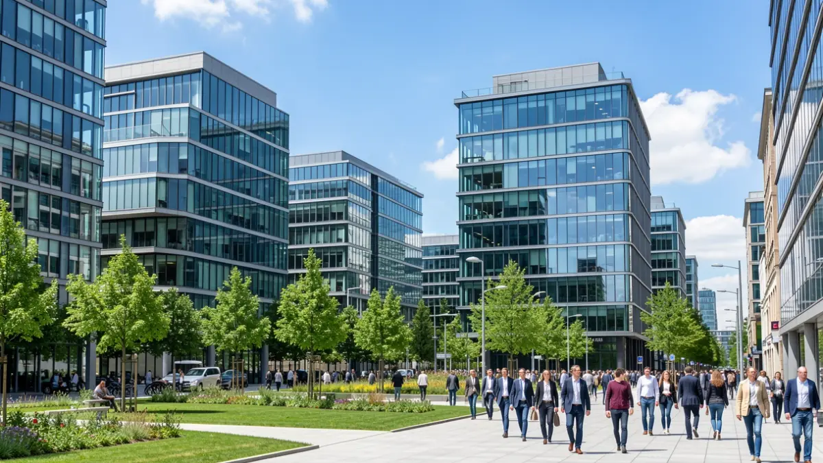 Generic image of a modern business district with sleek office buildings and green spaces, under a bright blue sky.