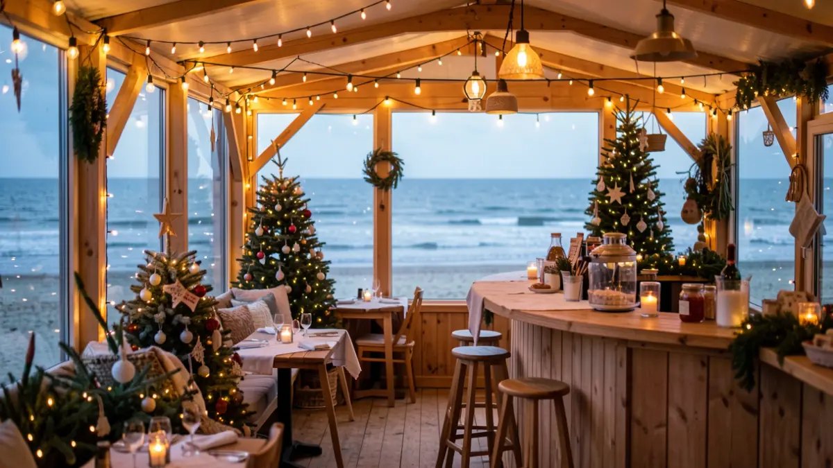 Generic image of a cozy pop-up winter bar with a sea view in Flanders, decorated with lights and Christmas trees.