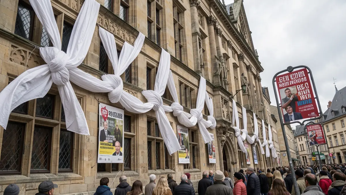 Generic image of white sheets hanging from a town hall, with campaign posters against poverty. No proper names or specific locations.