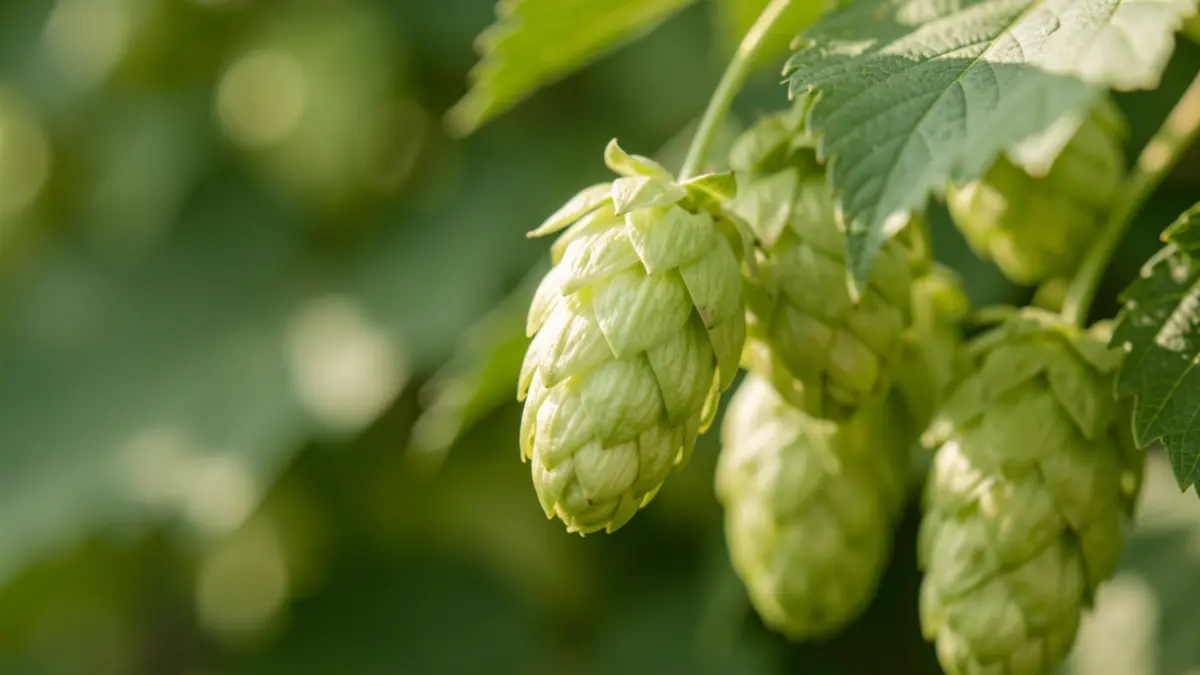 Close-up van hopbellen met scherptediepte, textuur en kleur van de hop wordt benadrukt. Zacht, natuurlijk licht. Groene bladeren op de achtergrond.