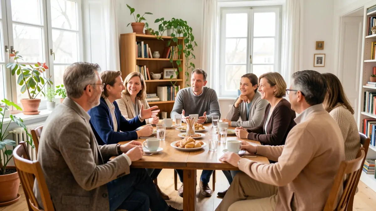 Generic image of a group of adults in conversation around a table in a bright room, focusing on interaction and a welcoming atmosphere.