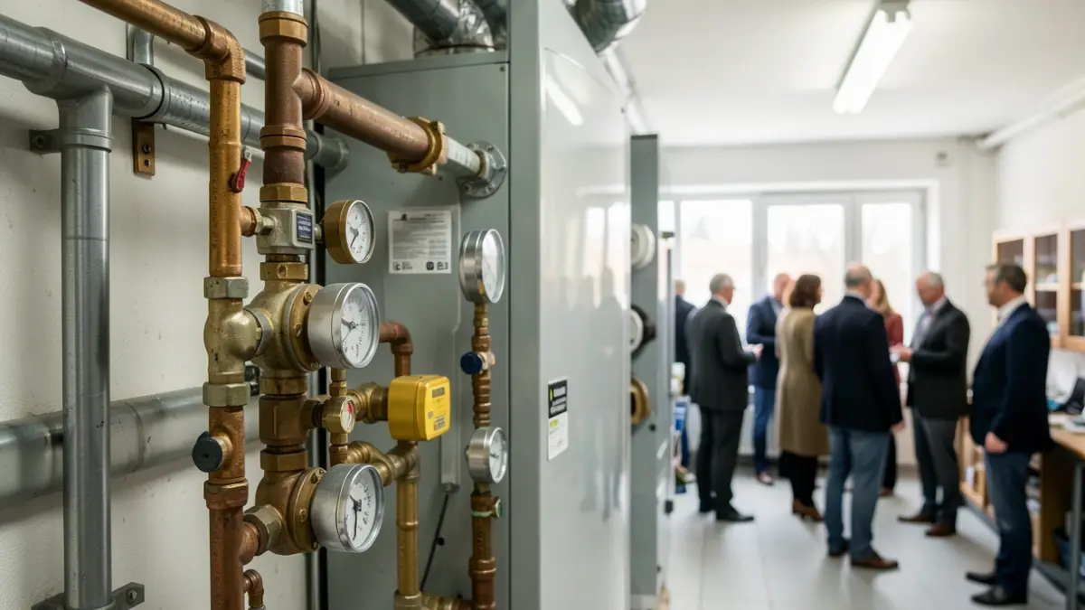Generic image of a heating boiler with pipes and gauges, in a clean utility room. Focus on the technical components.