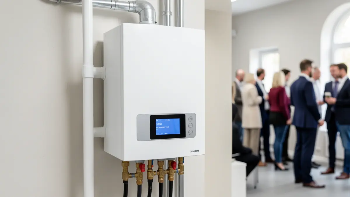 Close-up of a modern heating boiler with a digital display.