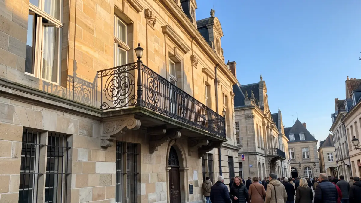 Generieke afbeelding van de gevel van een traditioneel Vlaams stadhuis met een sierlijke ijzeren balkon en balustrade, in warm middaglicht, met een blauwe hemel.