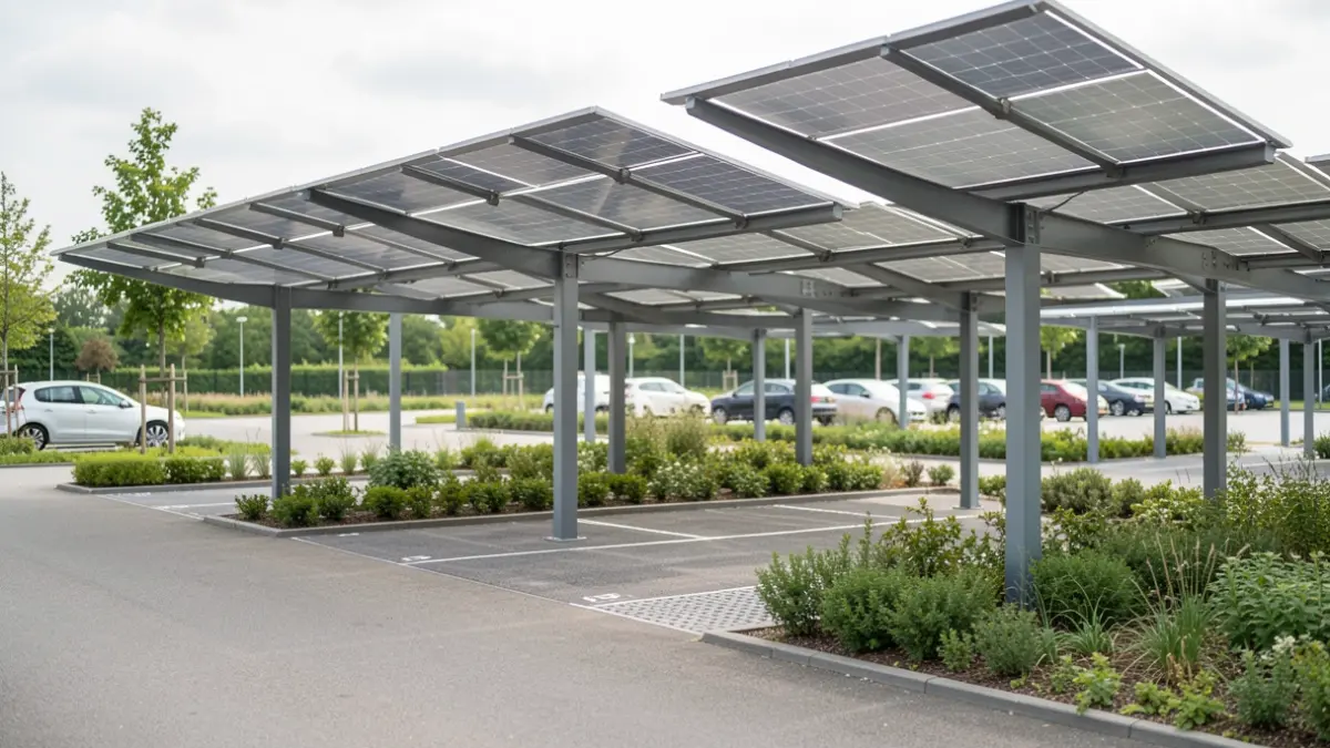 Generieke afbeelding van een moderne parkeerplaats in Vlaanderen met zonnepanelen op een overkapping, geïntegreerd groen en waterdoorlatende oppervlakken, bij zacht daglicht.