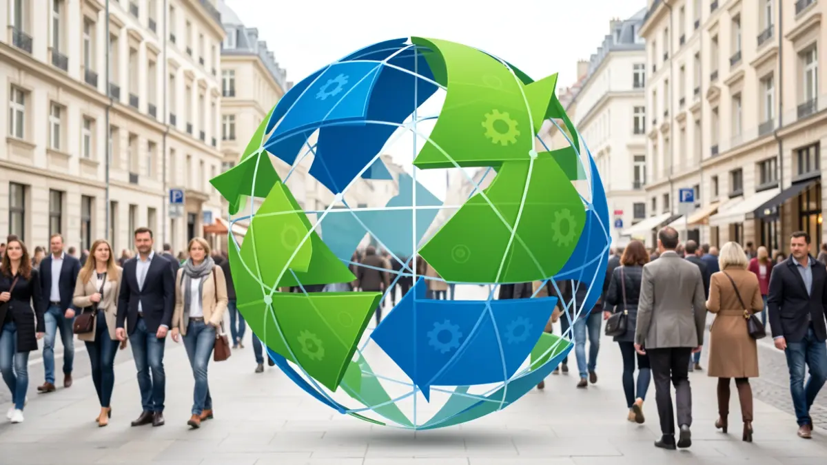 Generieke afbeelding van een gestileerde Europese samenwerking en circulaire economie met abstracte geometrische vormen in groen en blauw.