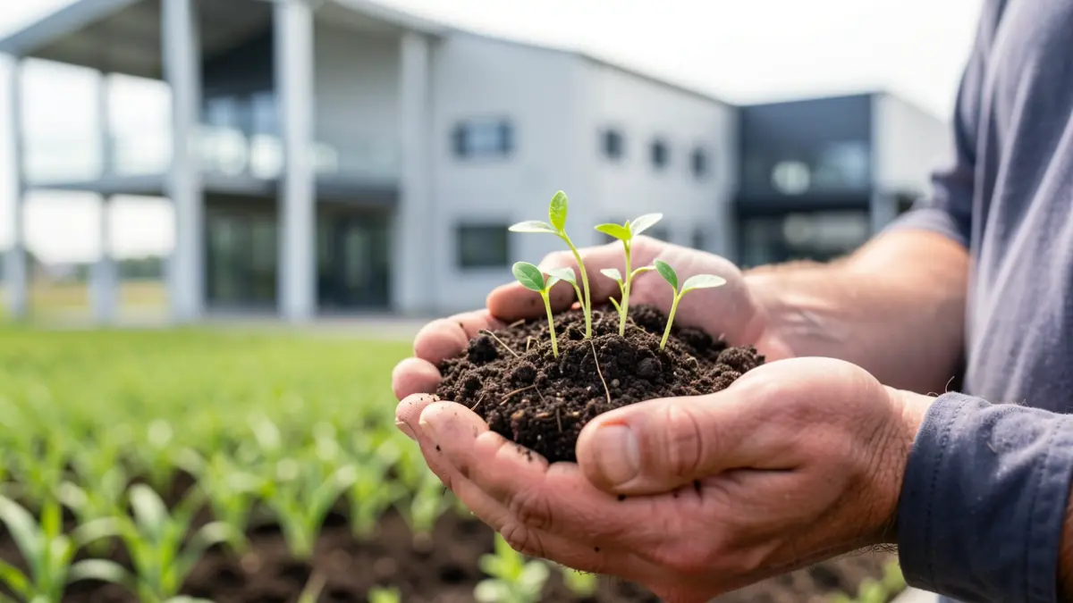 Close-up of farmer's hands holding soil with young sprouts, with a modern agricultural research facility in Flanders in the background.