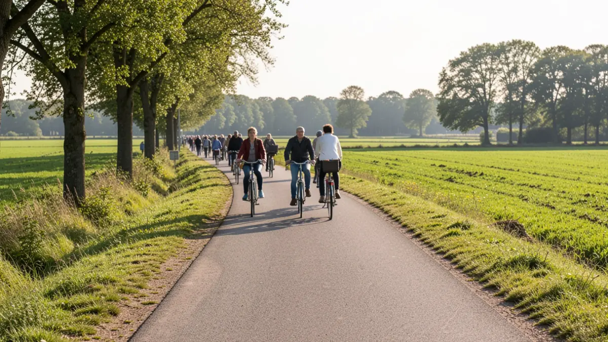 Een fietspad langs een weg in Vlaanderen met groene velden op de achtergrond.