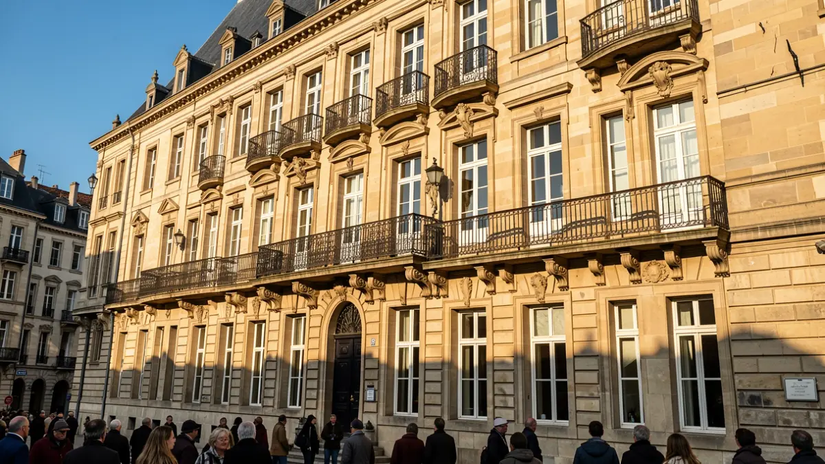Generieke afbeelding van de gevel van een Vlaams stadhuis met sierlijke balkons en ijzeren balustrades, badend in warm middaglicht dat lange schaduwen werpt op de zandstenen muren, met een heldere blauwe lucht.