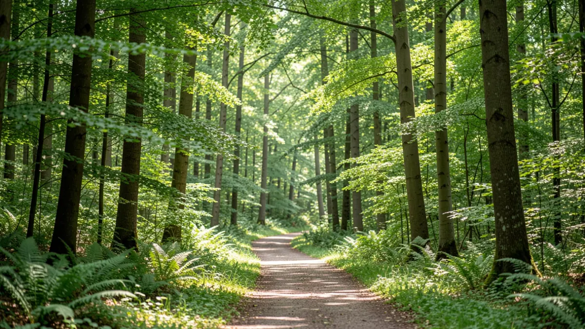 Generieke afbeelding van een weelderig, groen bos in Vlaanderen met diverse inheemse boomsoorten, zonlicht dat door het bladerdak filtert, en een duidelijk wandelpad dat door de bomen slingert. De scène benadrukt biodiversiteit en een gezond, veerkrachtig ecosysteem.