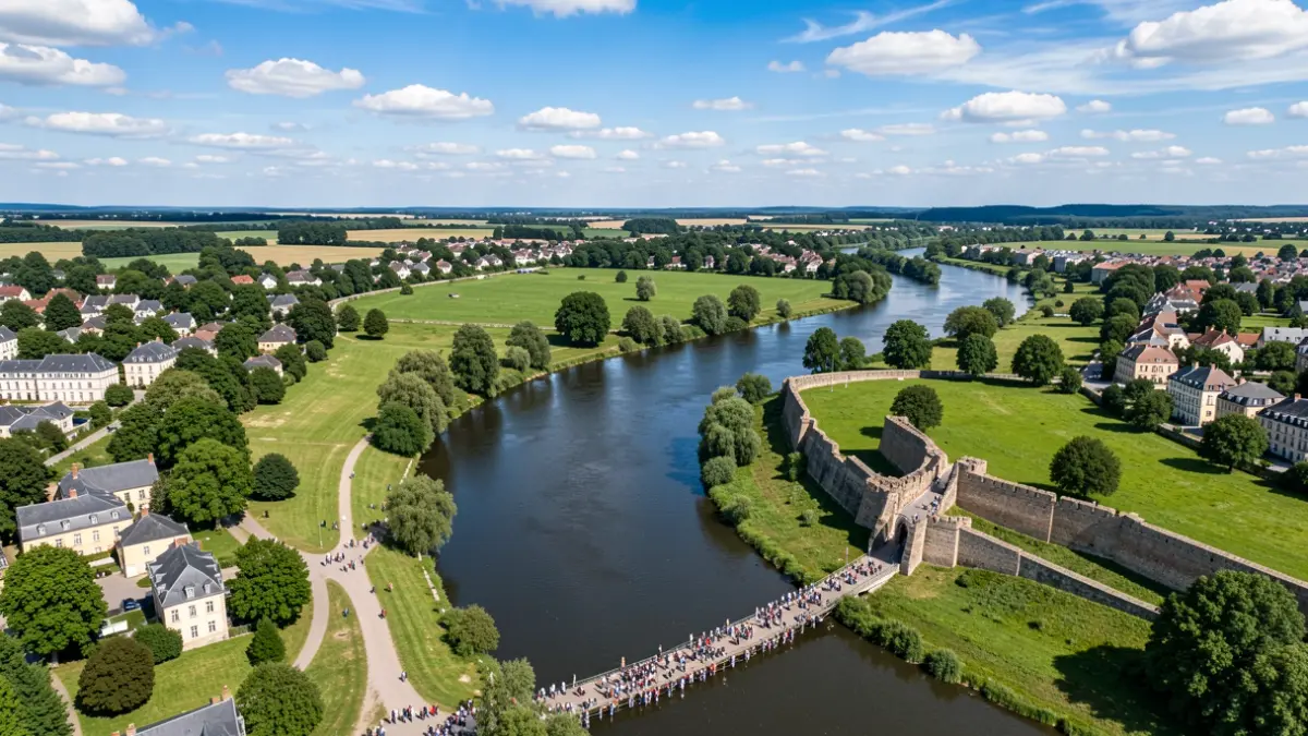 Generic image of a river meandering through a green landscape with scattered buildings and a historic city wall, under a clear blue sky.