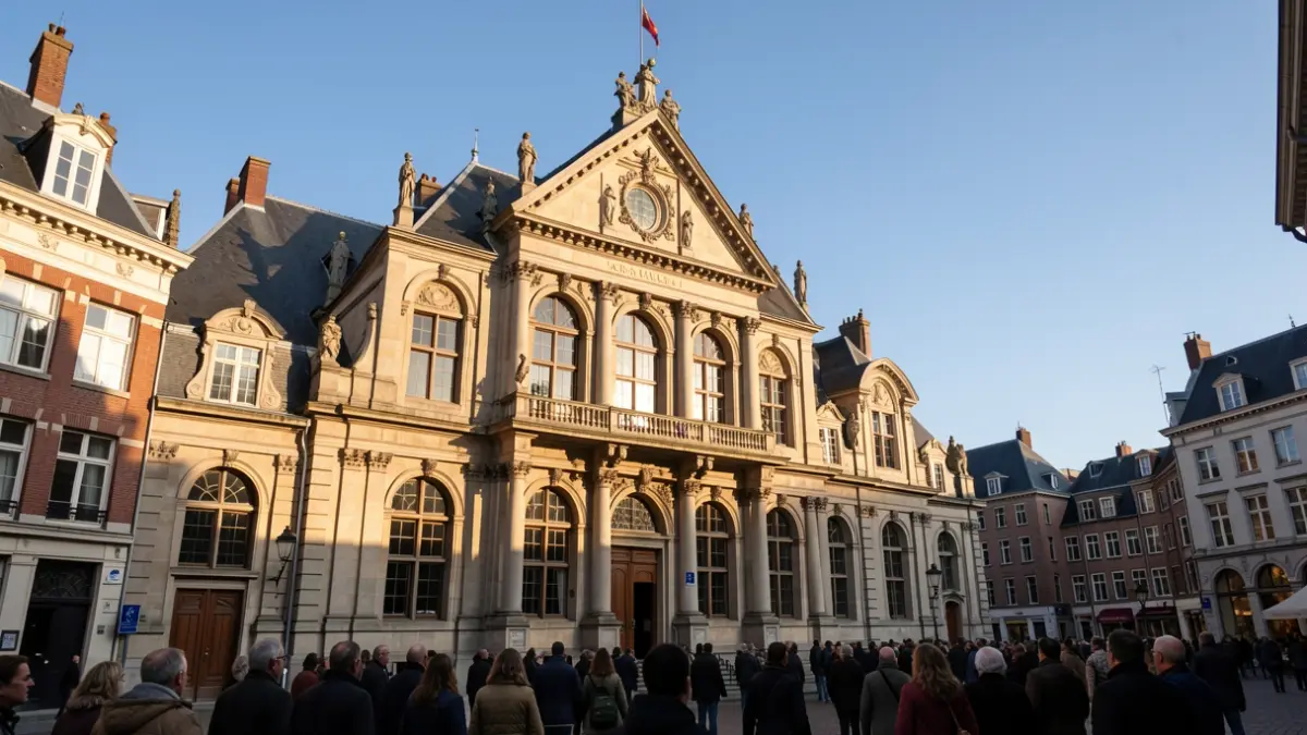 Stadhuis met zonlicht en blauwe hemel.