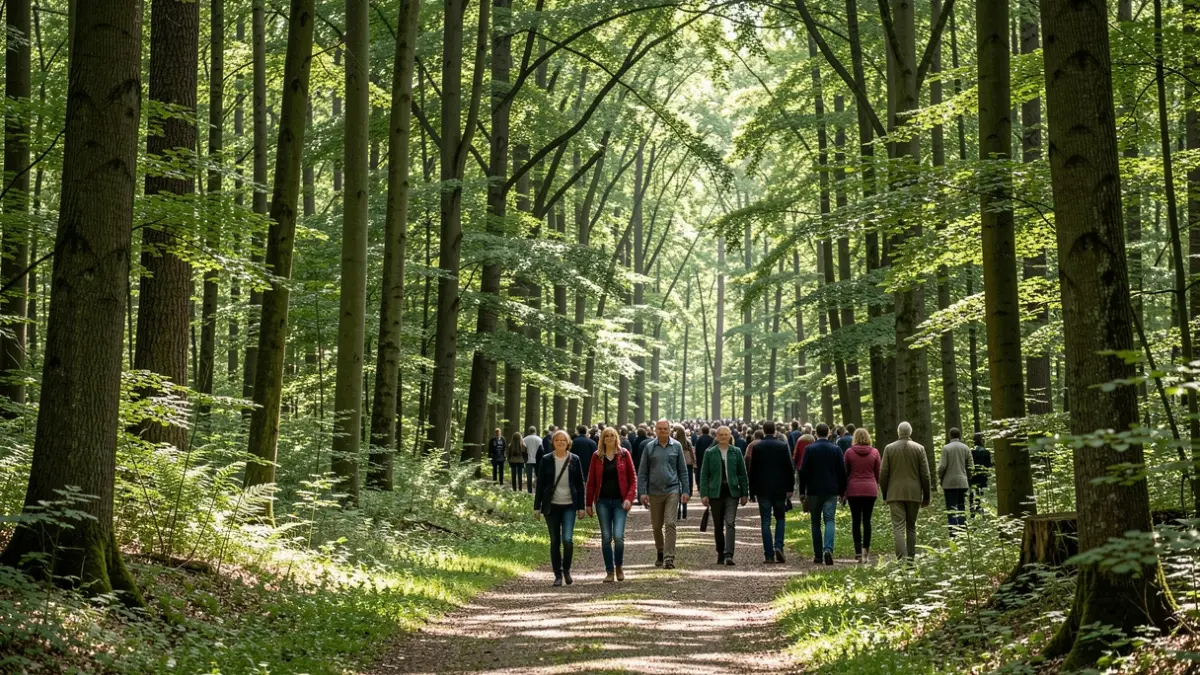 Een serene boslandschap in de Vlaamse Ardennen met zonlicht dat door de bomen valt op een pad.