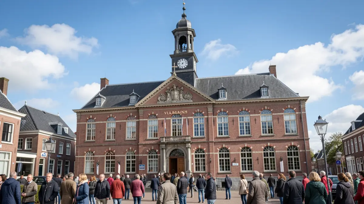 Het gemeentehuis van Buggenhout met een klokkentoren en rode bakstenen gevel, onder een blauwe hemel.