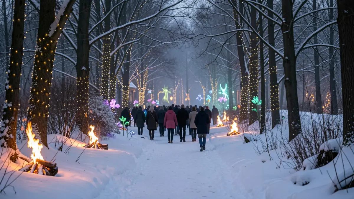 An enchanting winter path illuminated by fairy lights and fire elements in a Flemish forest.