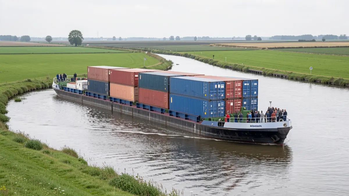 A barge with containers on a river in Flanders.