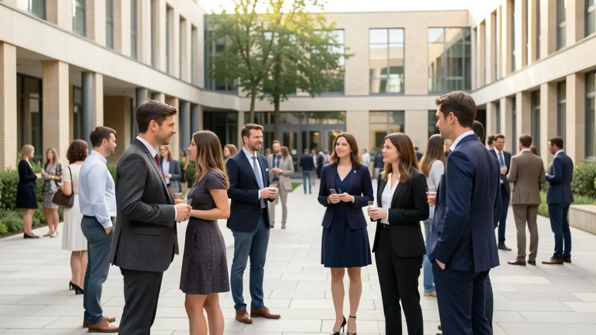 Generieke afbeelding van studenten in nette kledij op een universiteitscampus, die nadenken over hun uitstraling.