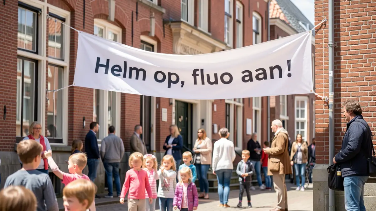 Generieke afbeelding: fluo aan!' voor een schoolgebouw in Vlaanderen.