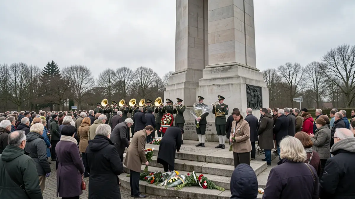 Een plechtige herdenkingsceremonie aan een oorlogsmonument in Vlaanderen met een fanfare op de achtergrond.