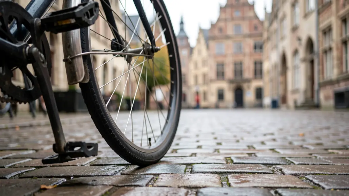 Bicycle wheel on a wet cobblestone street in Gent, with blurred Flemish architecture in the background.