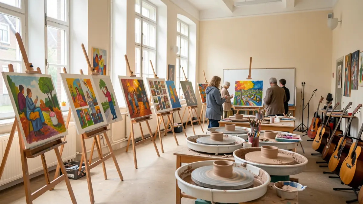 Generic image of an art academy in Flanders with student artwork and musical instruments.