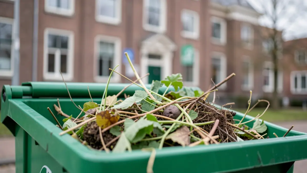 Generieke afbeelding van een groene container met tuinafval, met op de achtergrond de vage gevel van een gemeentegebouw in Vlaanderen.