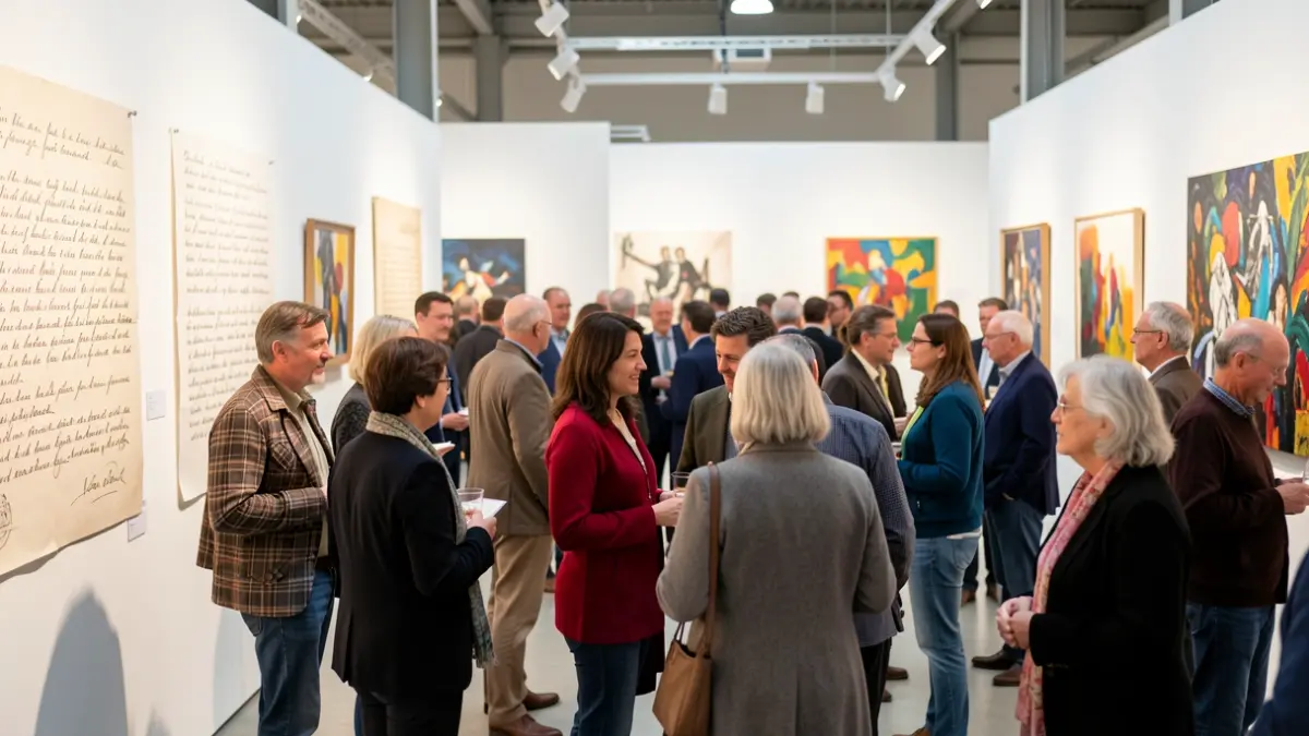 Generieke afbeelding van een tentoonstellingsruimte met diverse bezoekers en kunstwerken die taal en identiteit uitbeelden.