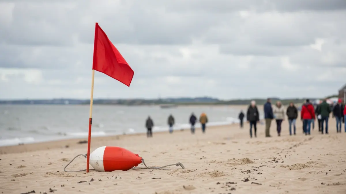 Generic image of a lifeguard's rescue buoy and a red flag on a sandy beach in Flanders, with the sea and a blurred coastline in the background under a cloudy sky.
