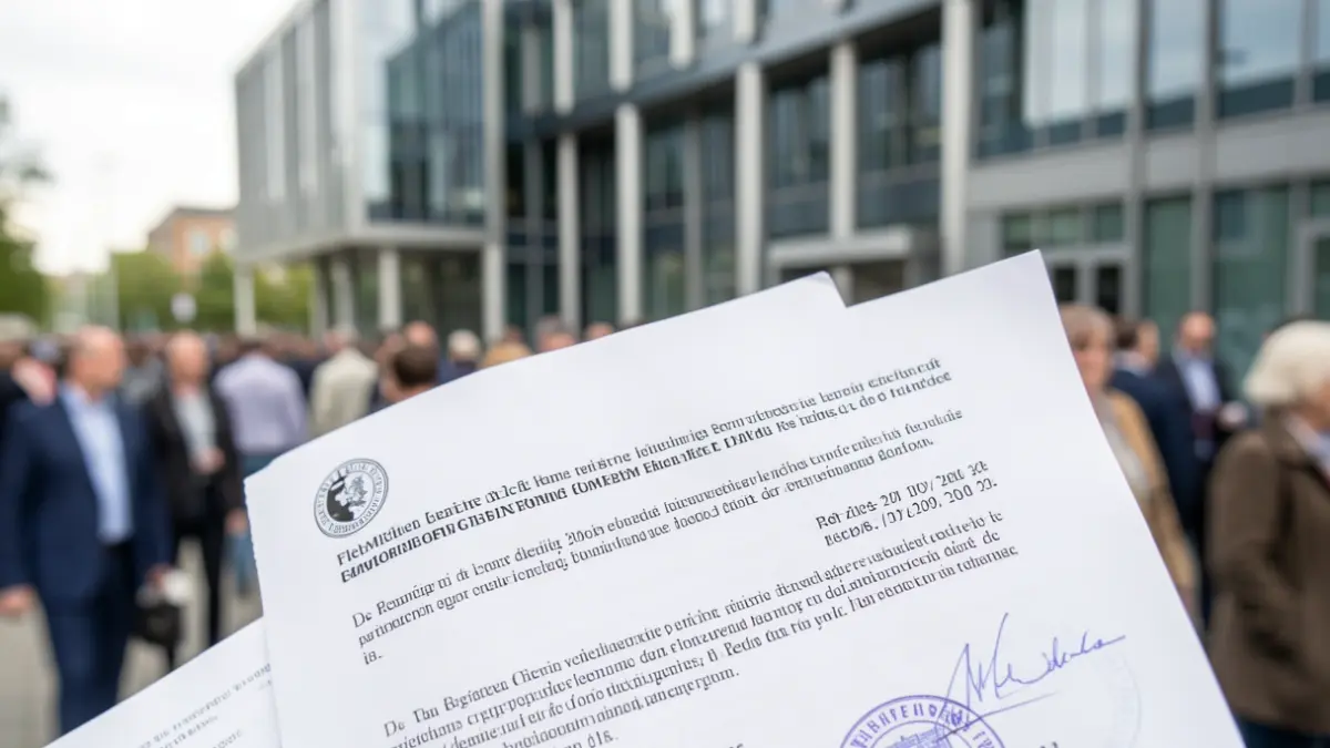Generic image: showing text about registration rights and dates. The background shows a blurred facade of a modern office building.