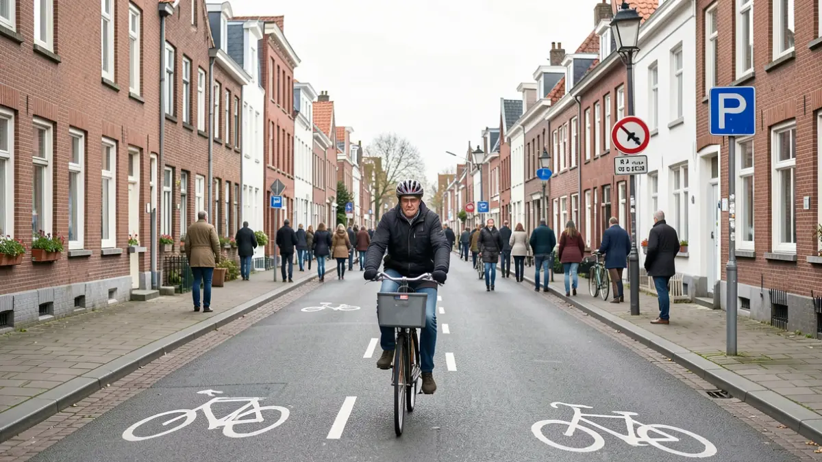 Generic image of a cyclist on a quiet street in Flanders with traditional architecture. The street is marked as a bicycle street.